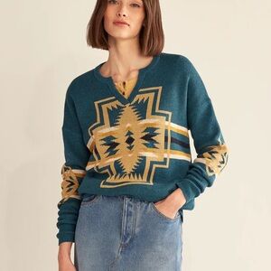 Pendleton Harding Gráfico Western Aztec Teal Southwestern V-Neck Sweater